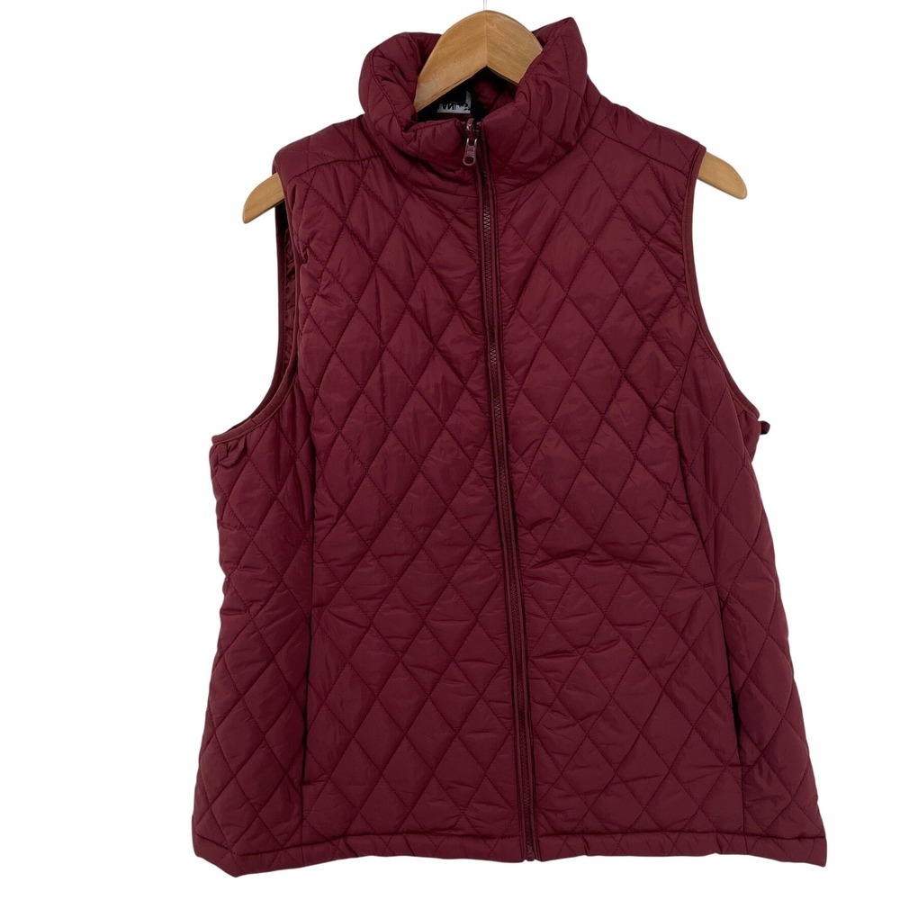 Lands End Quilted Puffer Vest Womens Large Burgundy Diamond Stitch Full Zip
